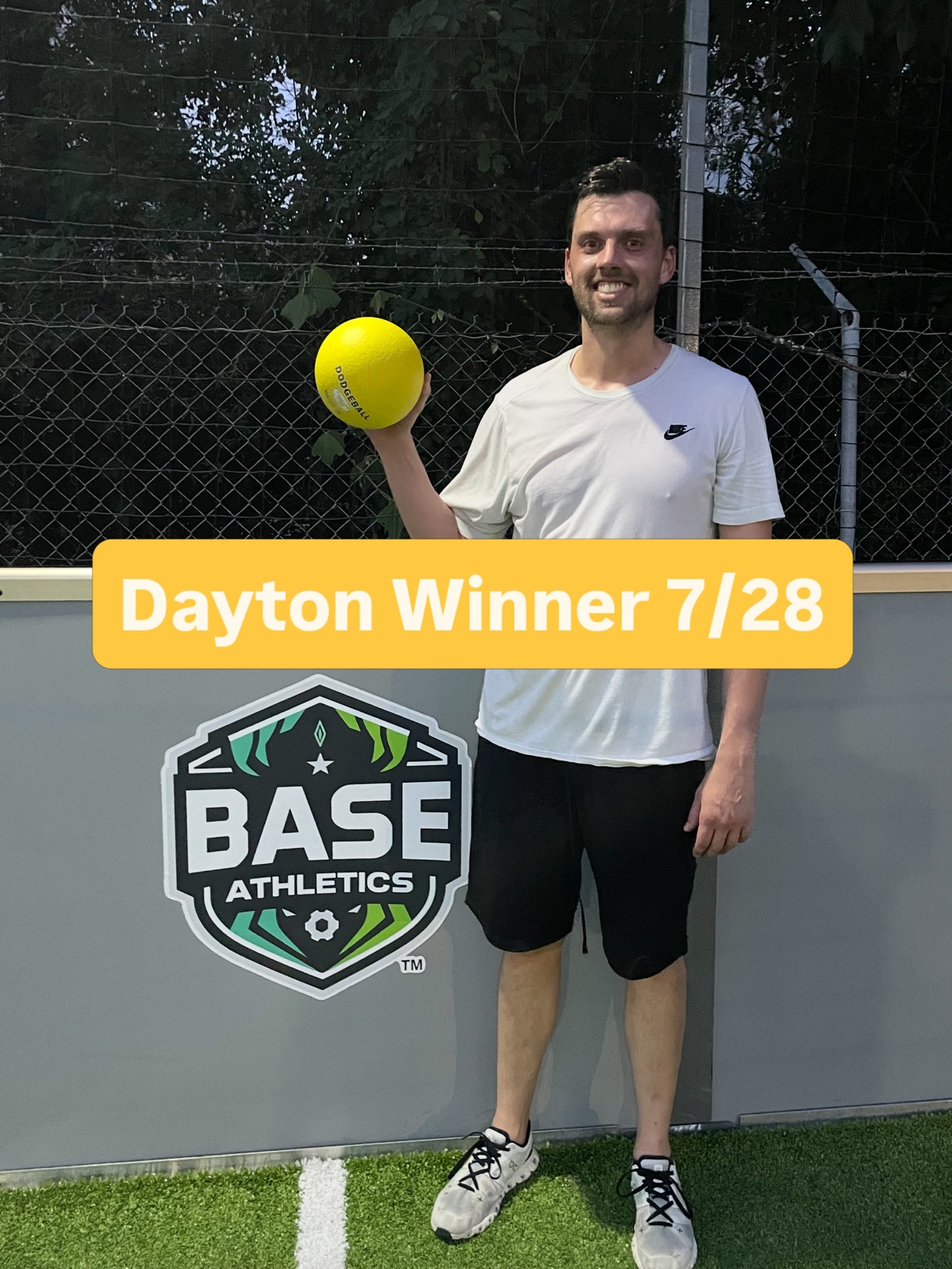 Atlanta Dodgeball Club player holding a yellow dodgeball after a Tuesday win