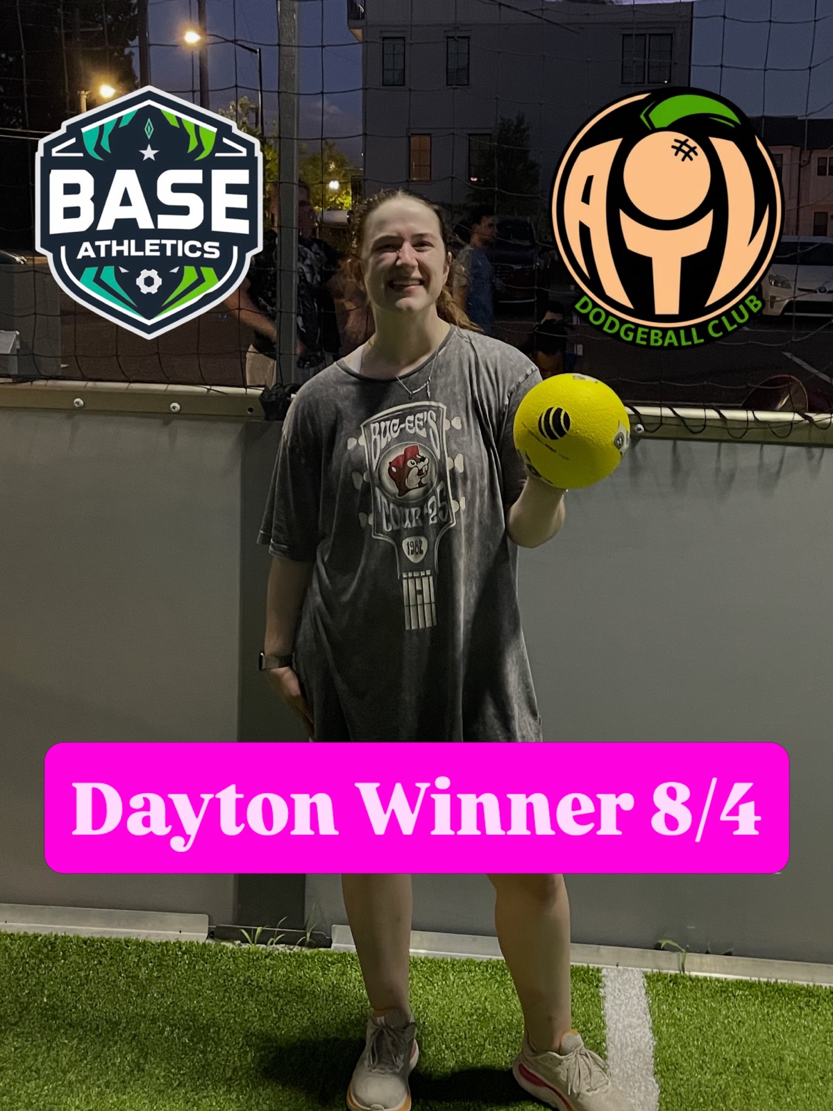 Atlanta Dodgeball Club player holding a yellow dodgeball at Base Athletics