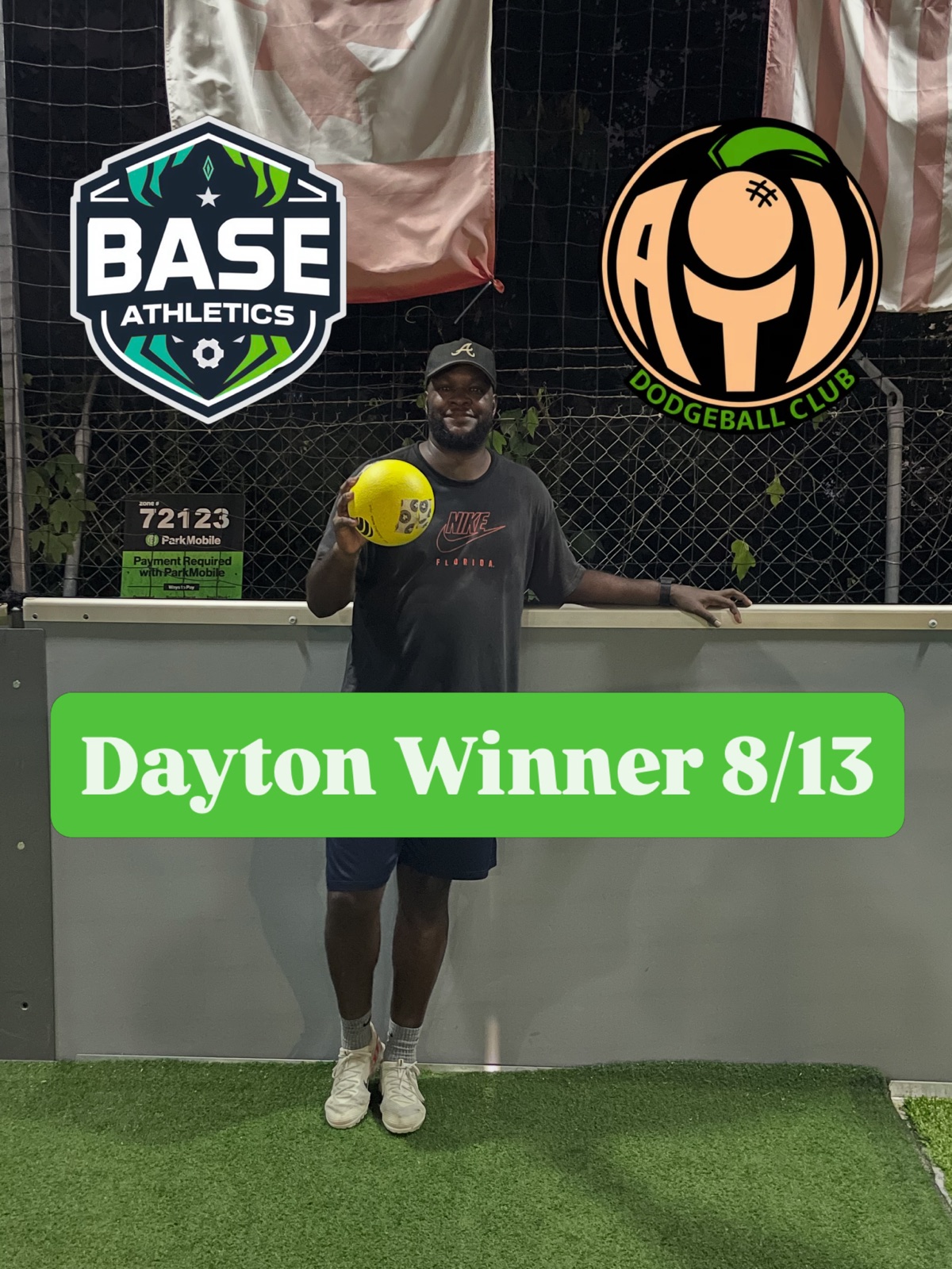 Atlanta Dodgeball Club player holding a yellow dodgeball after a Tuesday win