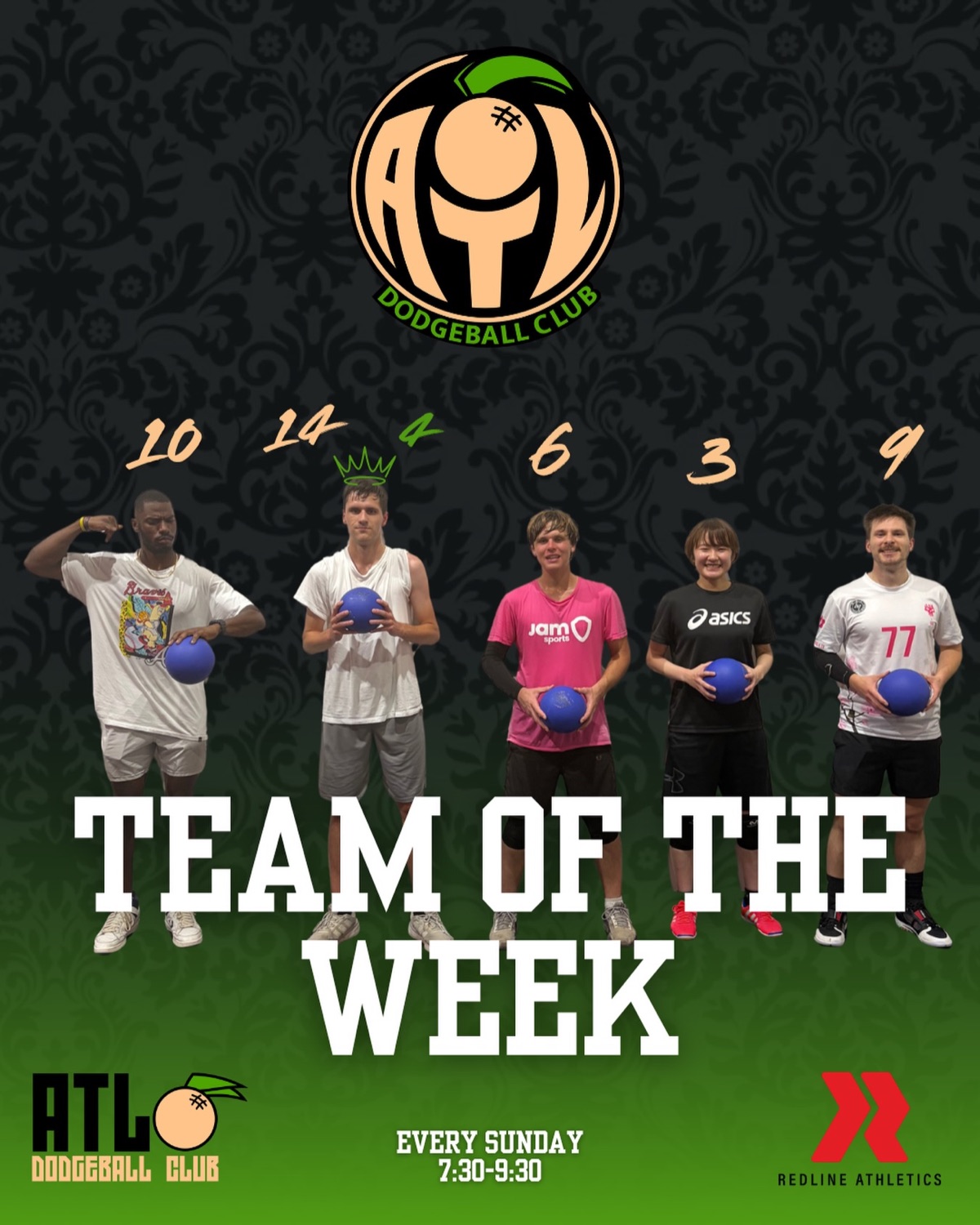 Five Atlanta Dodgeball Club Team of the Week players holding dodgeballs