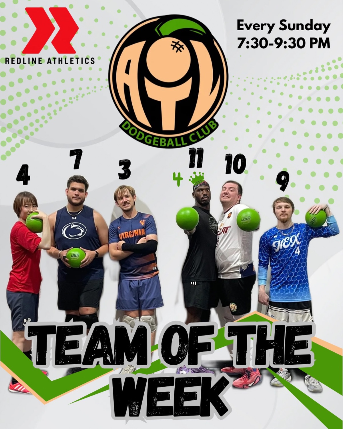 Six Atlanta Dodgeball Club players posing with dodgeballs after Team of the Week